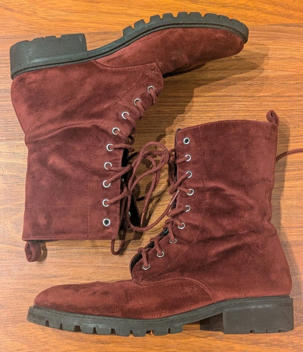 Womens Size 7 Burgundy Velvet Combat Boots Lace Up Chunky Lug Sole Goth Grunge